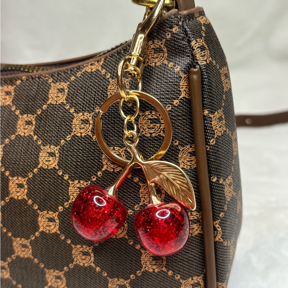 Brown Cherry Charm Patterned Shoulder Bag NWT - image 5